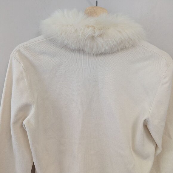Vintage Cache Fur Collar Cream Cardigan Sweater 90s Y2K Holiday Womens L - Picture 9 of 13